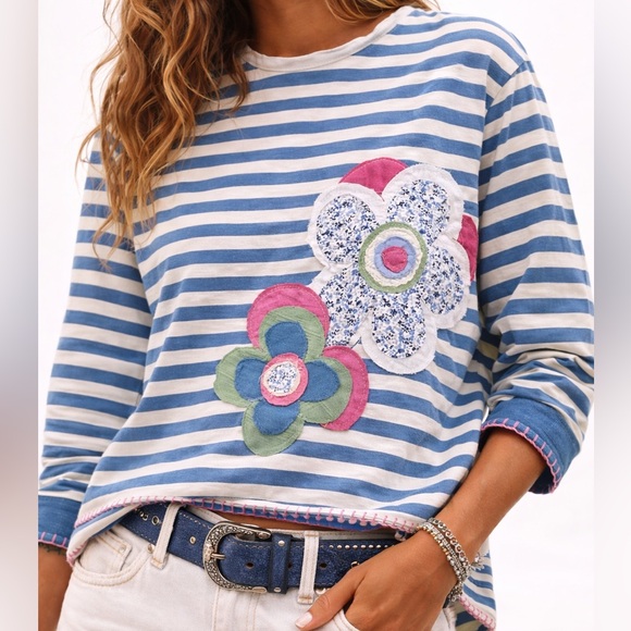 Boho Striped Floral Patch Top Oversized Ice Blue White Raw Edge Hand Stitch M/L - Picture 6 of 12
